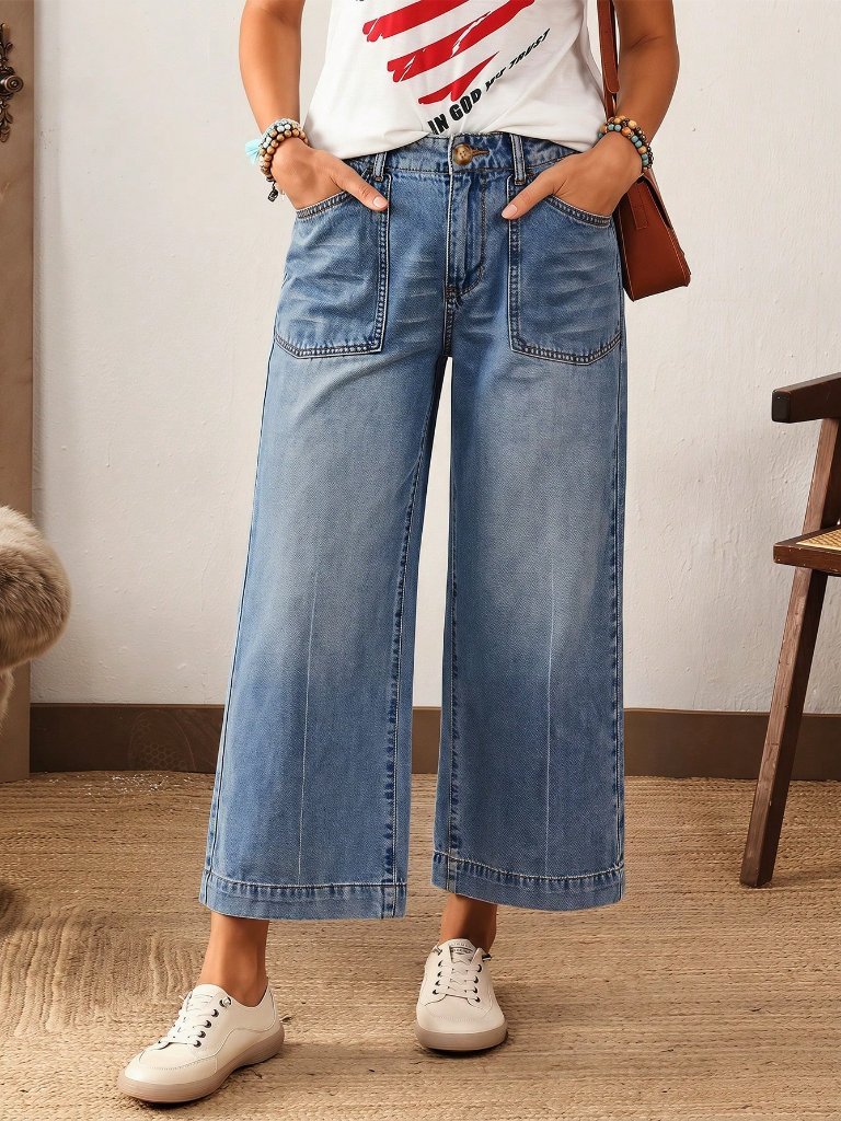 Light Wash Blue Casual Women's Stretchy Waist Pocketed Zipper Cropped Jeans